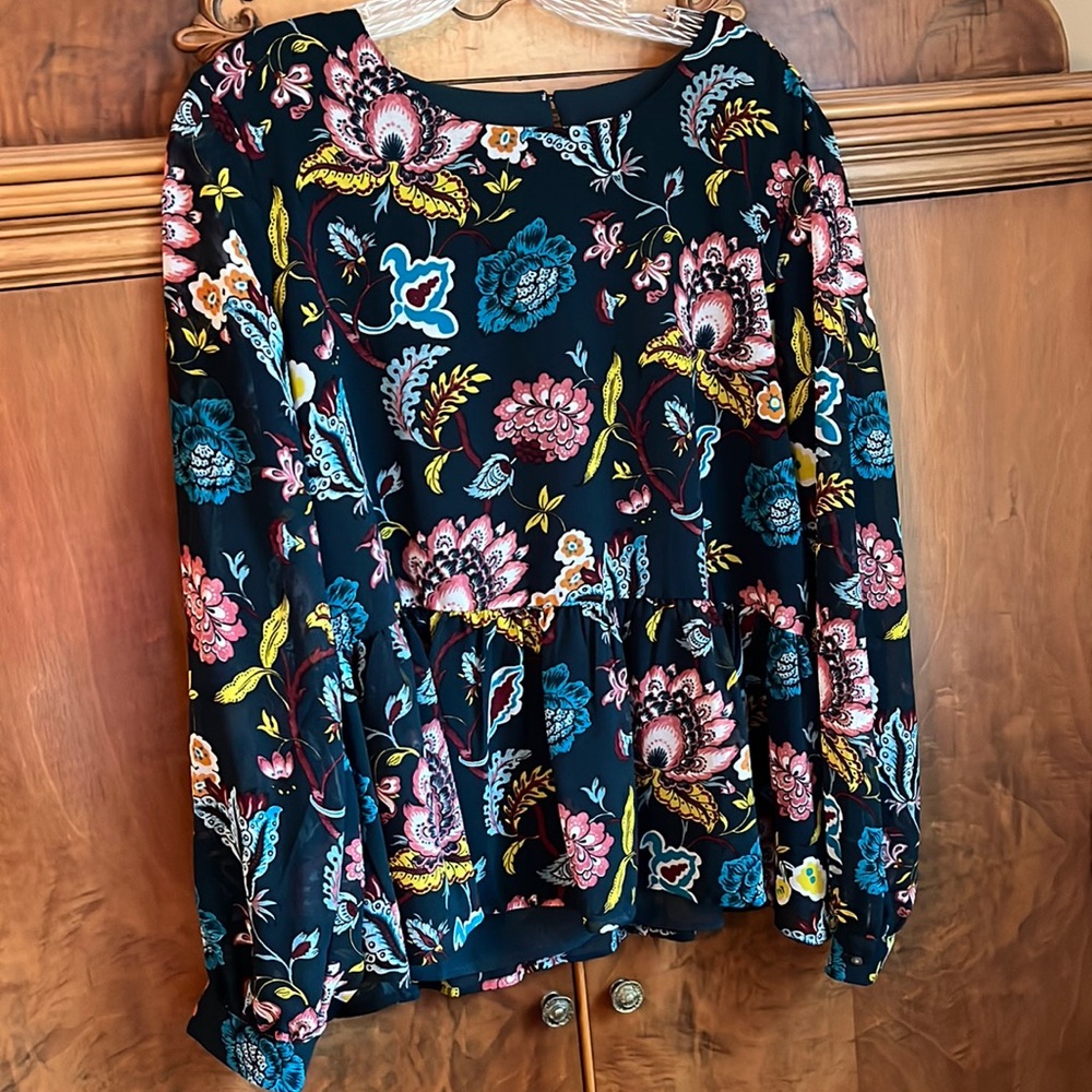 LOFT Black Floral Peplum Blouse with Pink, Blue & Yellow Flowers